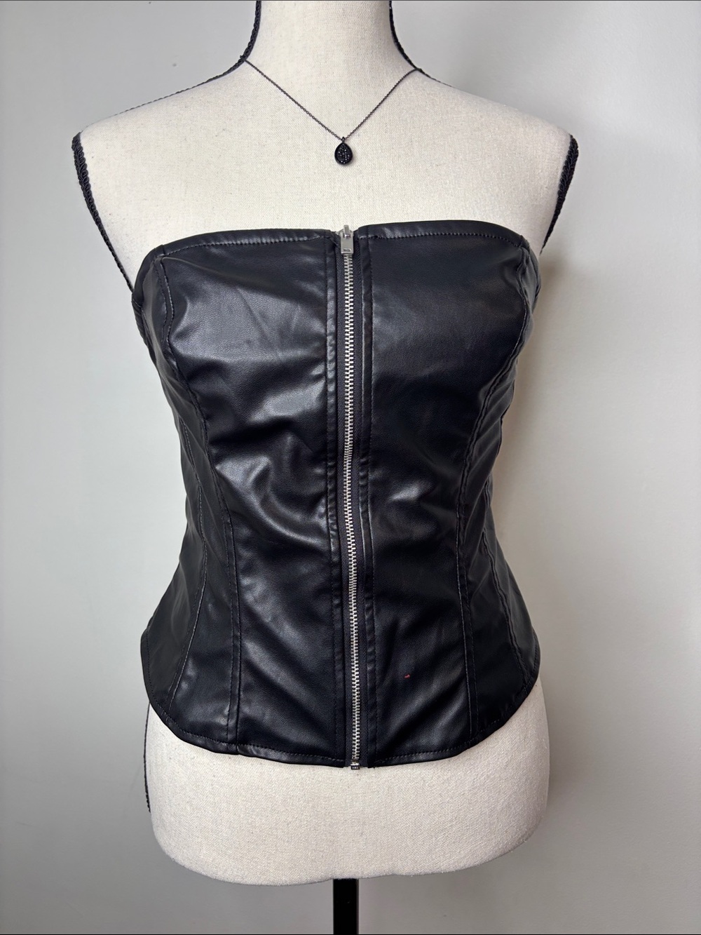 H&M Black Faux Leather Strapless Zip-Front Bustier
